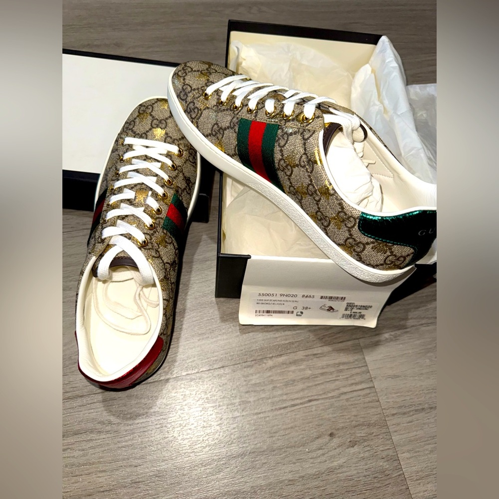 Gucci Beige Monogram Sneakers with Green and Red Accents